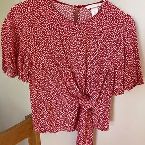 Wrap-tie red daisy blouse